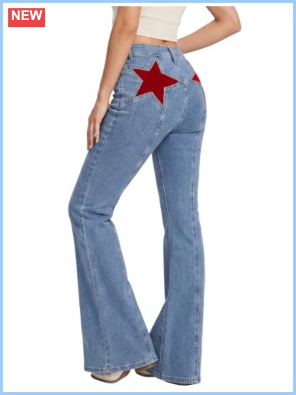 EMMIOL High Waisted Flare Jeans Star Patches Y2K Denim Pants